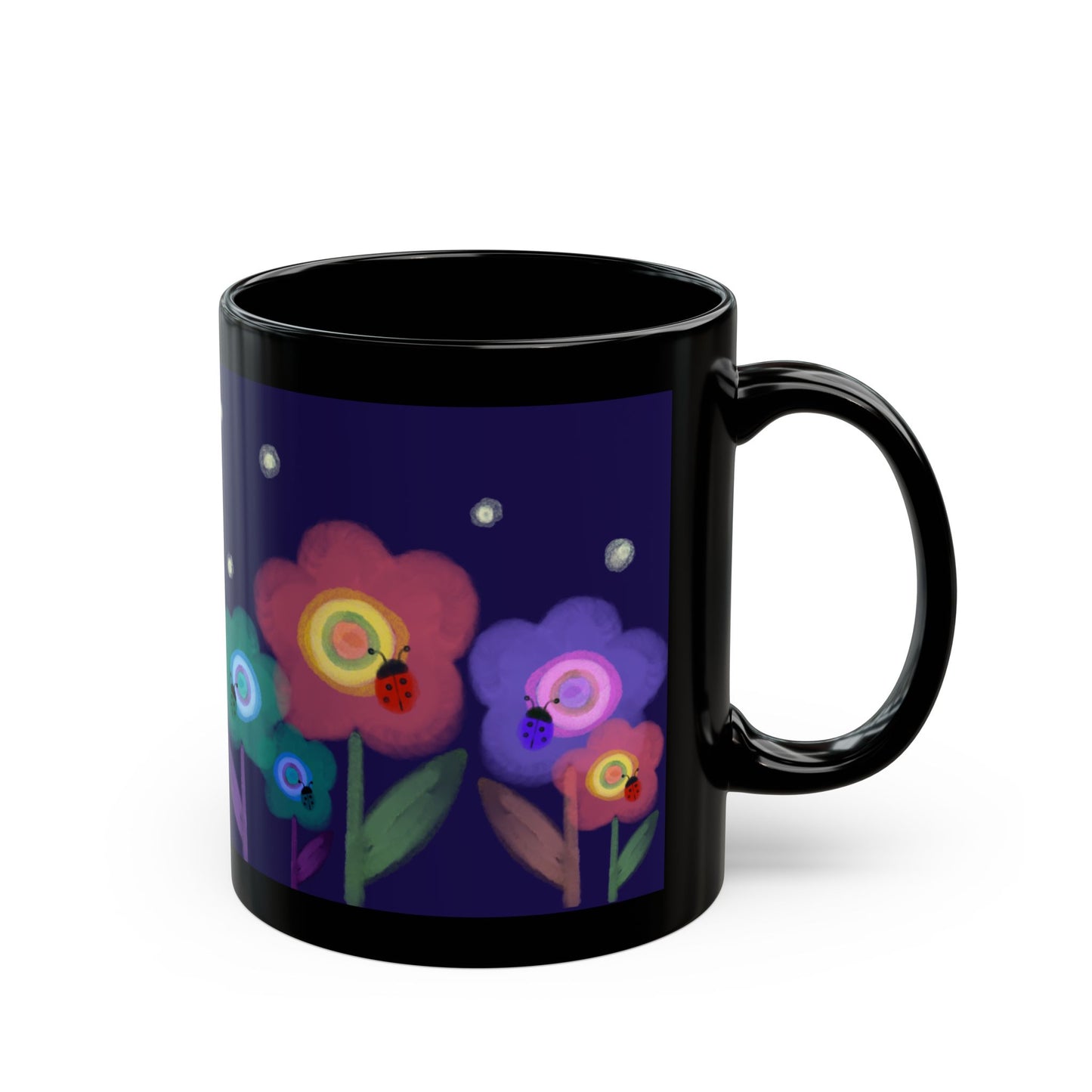 Watercolor Painted Flowers, Ladybugs and Fireflies Mug