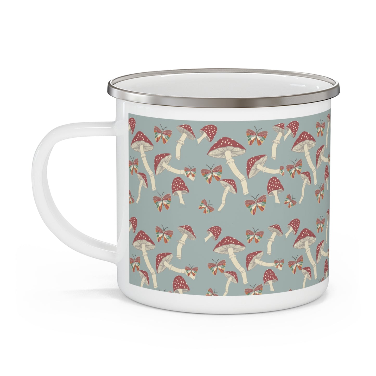 Hand drawn Amanita Mushroom and Butterfly Enamel Camping Mug