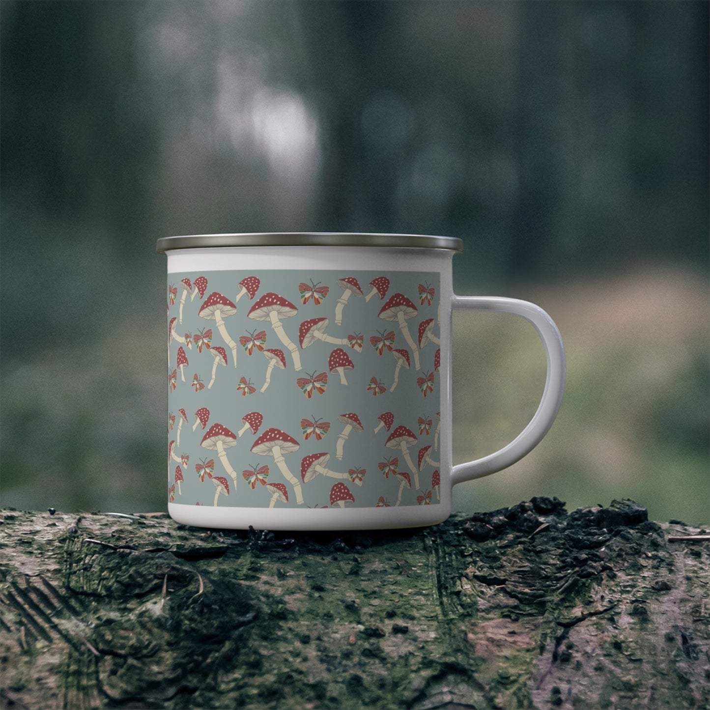 Hand drawn Amanita Mushroom and Butterfly Enamel Camping Mug