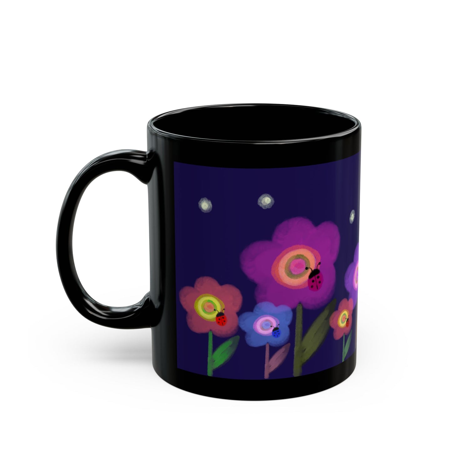 Watercolor Painted Flowers, Ladybugs and Fireflies Mug