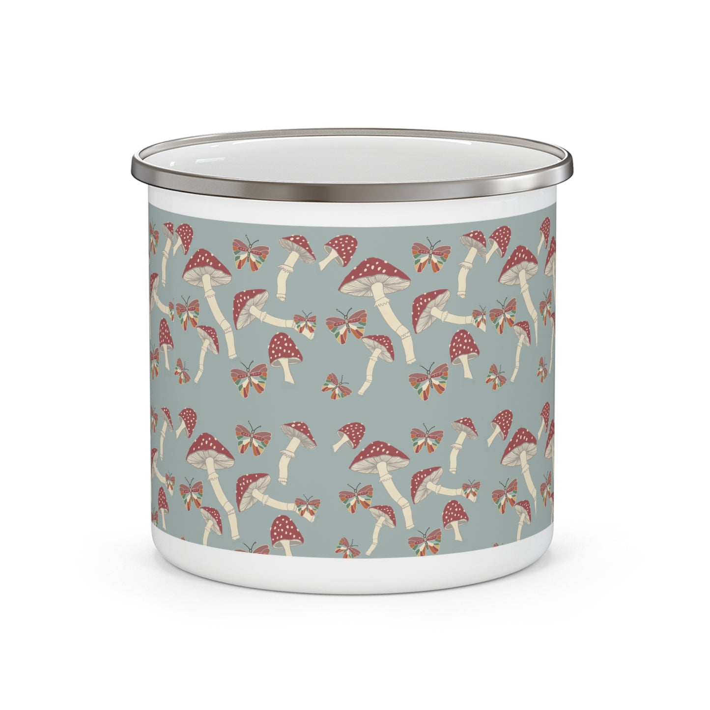 Hand drawn Amanita Mushroom and Butterfly Enamel Camping Mug