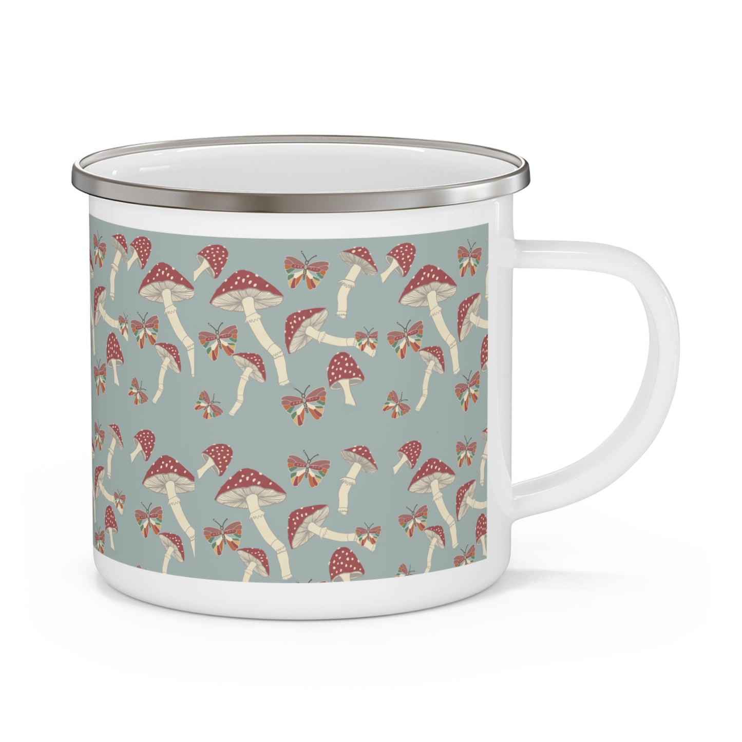 Hand drawn Amanita Mushroom and Butterfly Enamel Camping Mug