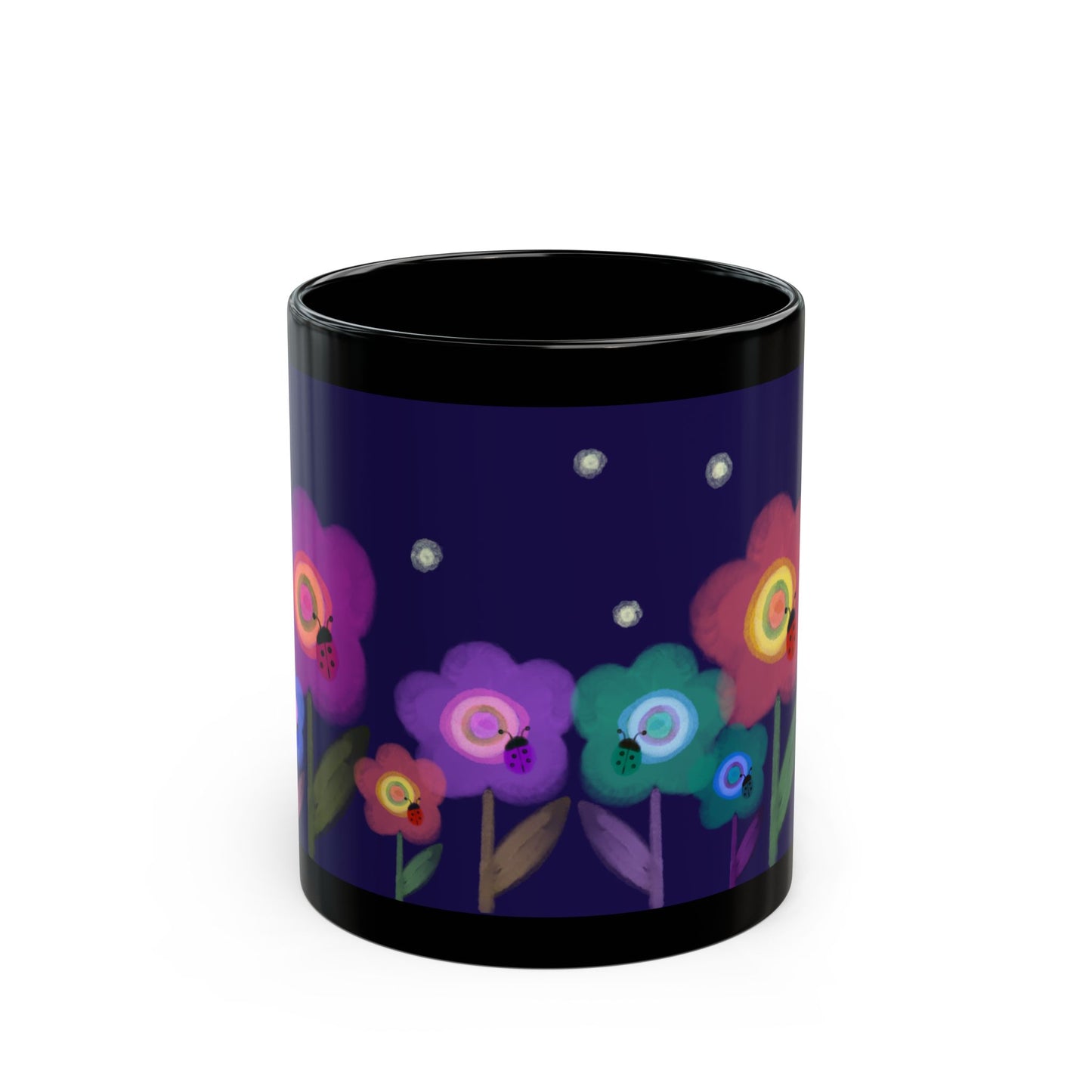 Watercolor Painted Flowers, Ladybugs and Fireflies Mug