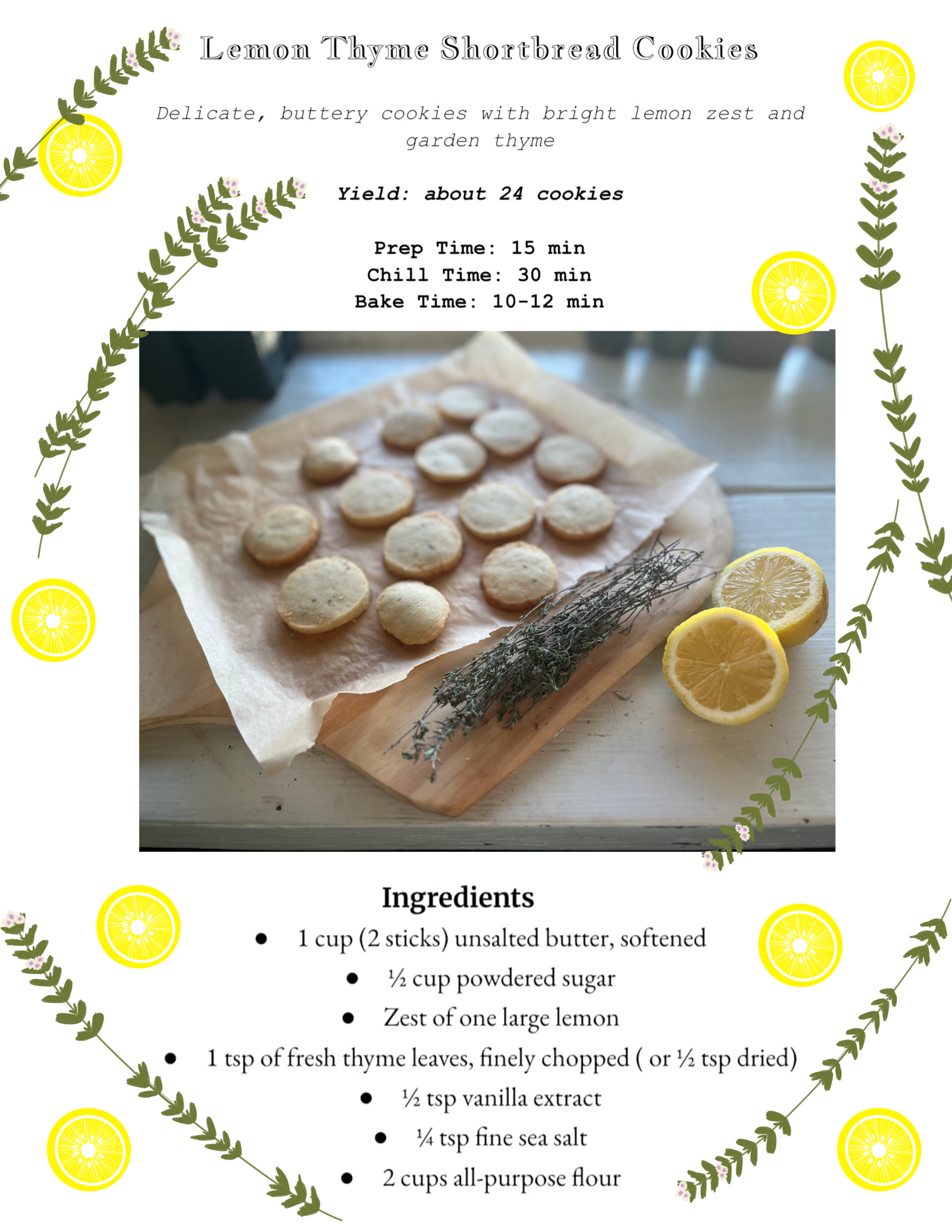 Lemon Thyme Shortbread Cookies/ Tea Time Cookies/ Recipe PDF