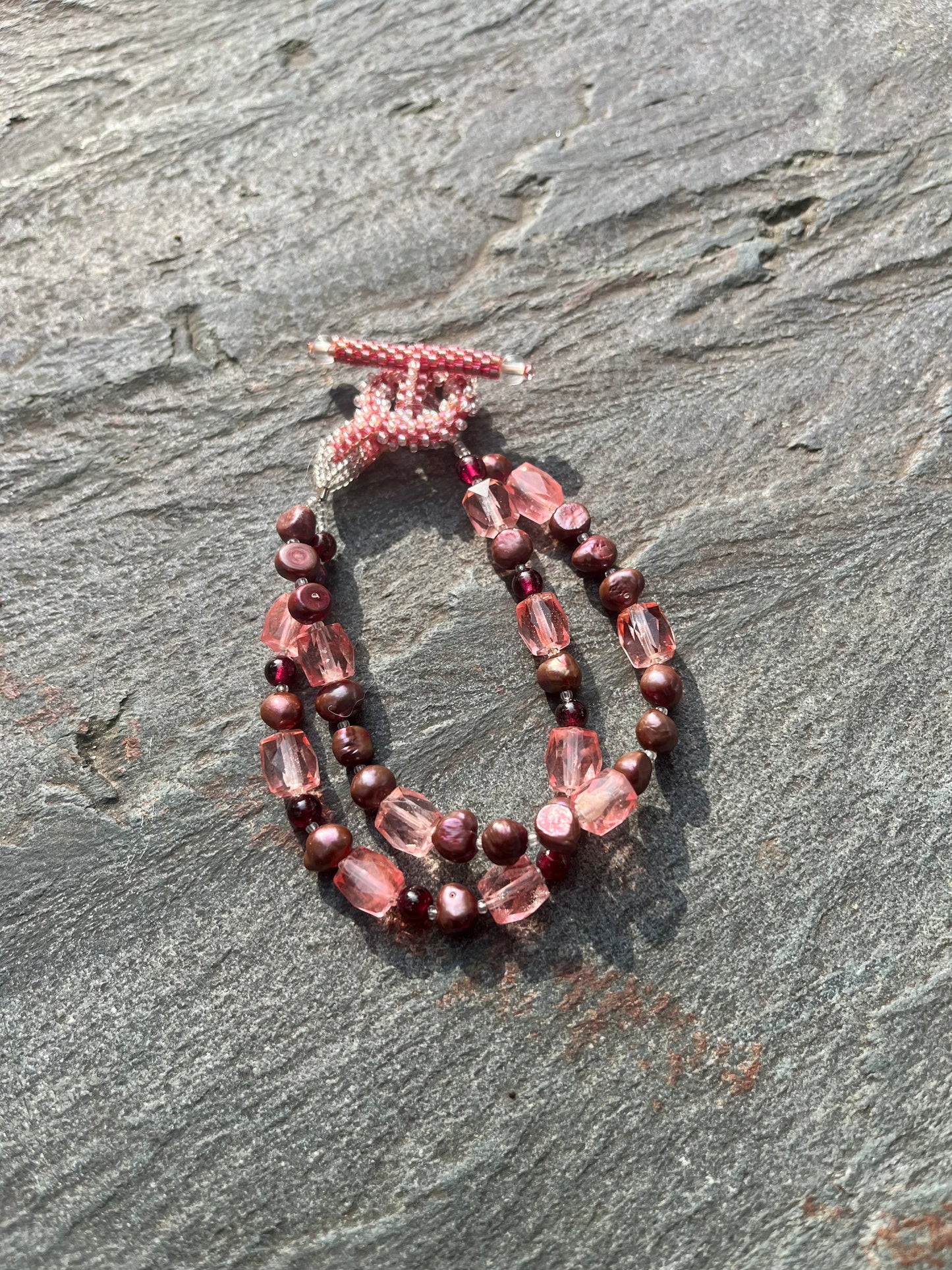 Cherry Quartz and Freshwater Pearl Bracelet