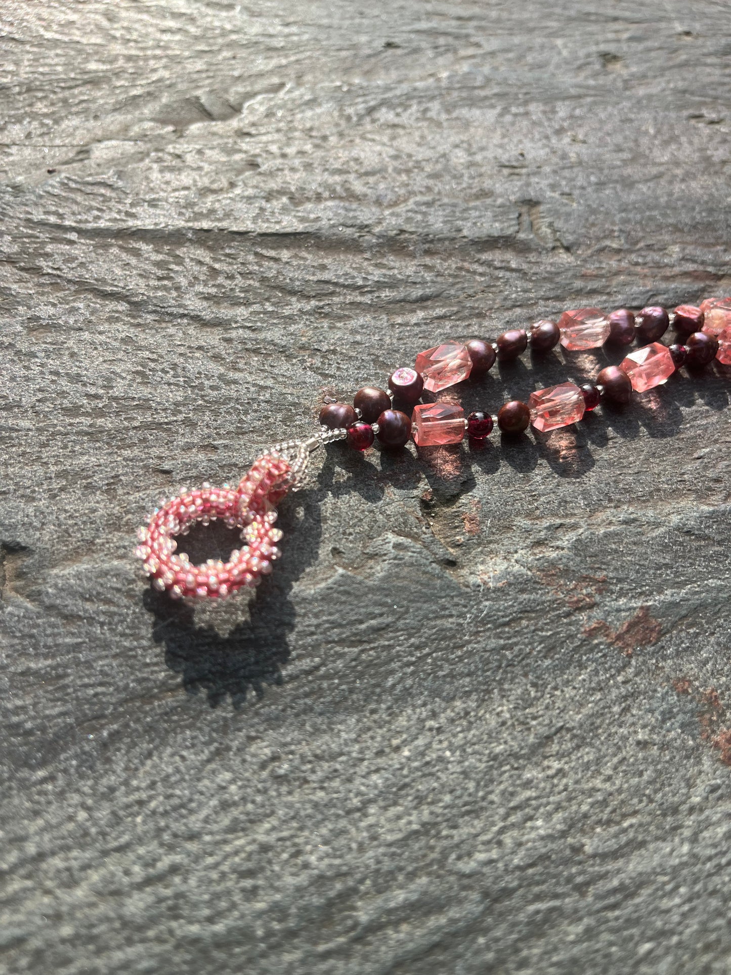 Cherry Quartz and Freshwater Pearl Bracelet
